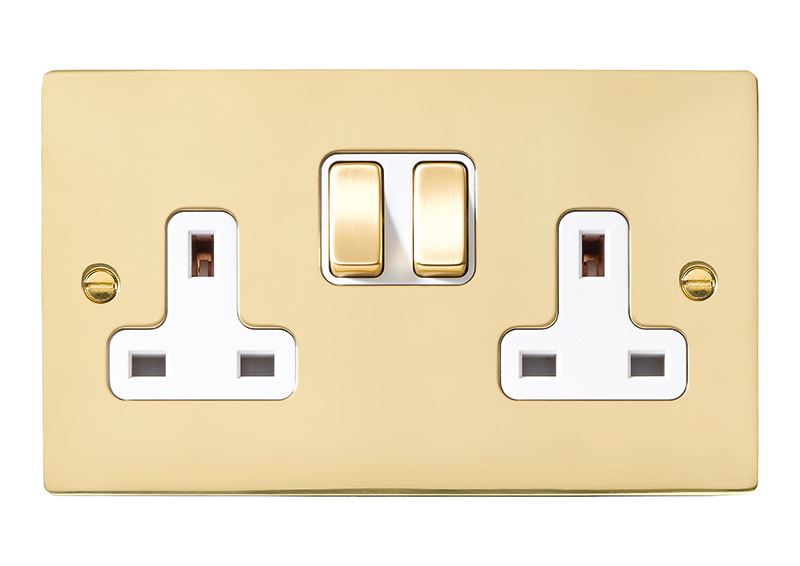 Sheer Polished Brass 2 gang 13A Double Pole Switched Socket Polished Brass/White