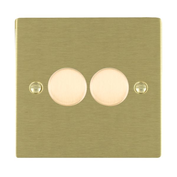 Sheer Satin Brass 2 gang 250W LED 2 Way Push On/Off Rotary Dimmer Satin Brass Minimum Load = 5W(LED) Maximum Load = 250W(LED) Trailing Edge / 150W(LED) Leading Edge per gang