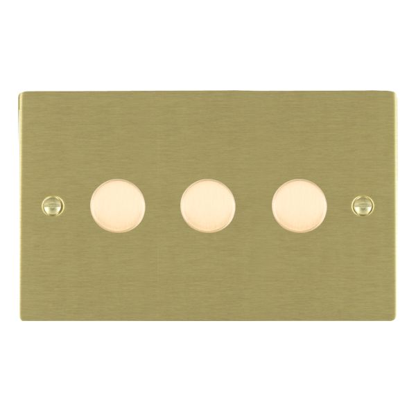 Sheer Satin Brass 3 gang 250W LED 2 Way Push On/Off Rotary Dimmer Satin Brass Minimum Load = 5W(LED) Maximum Load = 250W(LED) Trailing Edge / 150W(LED) Leading Edge per gang