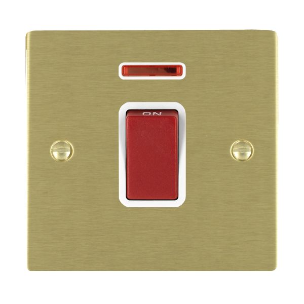 Sheer Satin Brass 1 gang 45A Double Pole Rocker and Neon Red/White