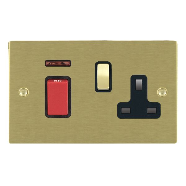 Sheer Satin Brass 45A Double Pole Rocker + Neon + 13A Switched Socket Red+Satin Brass/Black