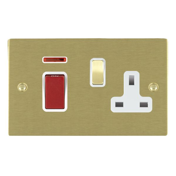 Sheer Satin Brass 45A Double Pole Rocker + Neon + 13A Switched Socket Red+Satin Brass/White