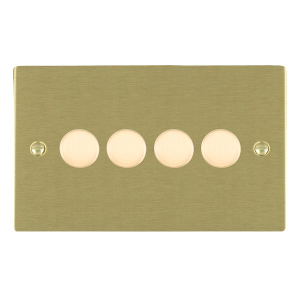 Sheer Satin Brass 4 gang 250W LED 2 Way Push On/Off Rotary Dimmer Satin Brass Minimum Load = 5W(LED) Maximum Load = 250W(LED) Trailing Edge / 150W(LED) Leading Edge per gang