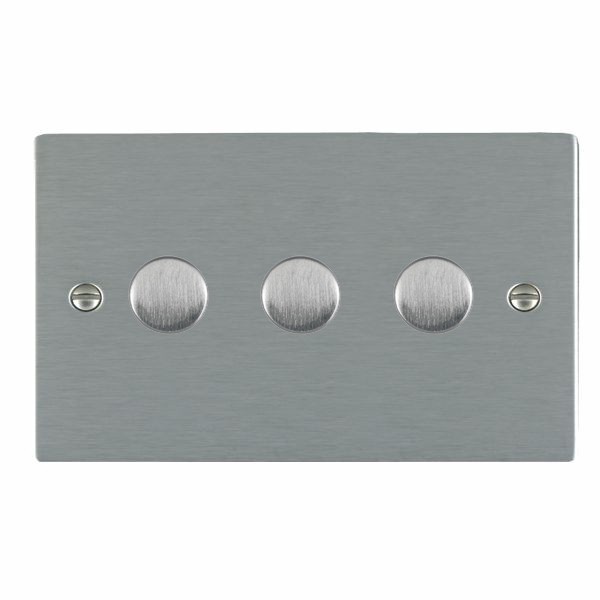 Sheer Satin Steel 3 gang 100W LED 2 Way Push On/Off Rotary Dimmer Satin Steel