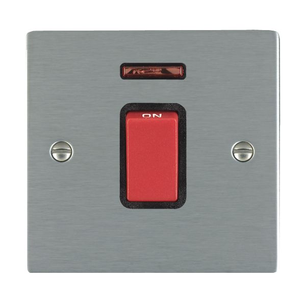 Sheer Satin Steel 1 gang 45A Double Pole Rocker and Neon Red/Black