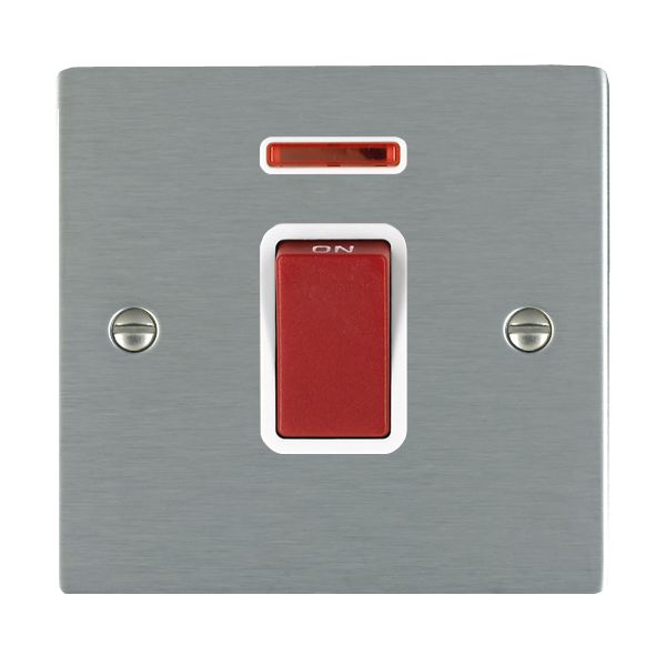 Sheer Satin Steel 1 gang 45A Double Pole Rocker and Neon Red/White