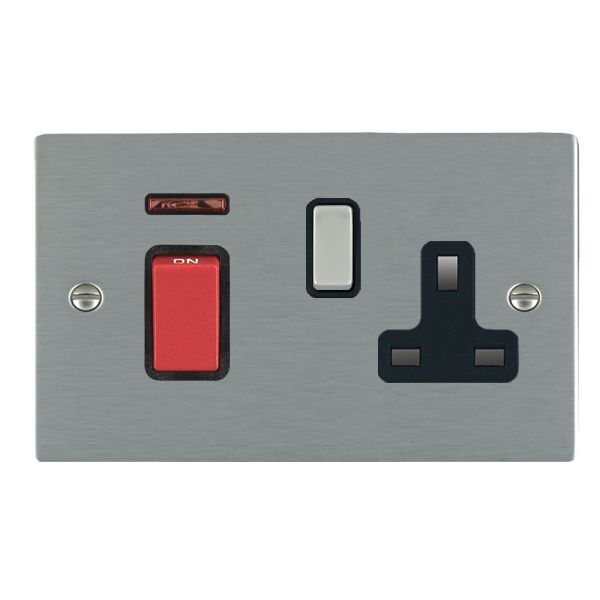 Sheer Satin Steel 45A Double Pole Rocker + Neon + 13A Switched Socket Red+Satin Steel/Black