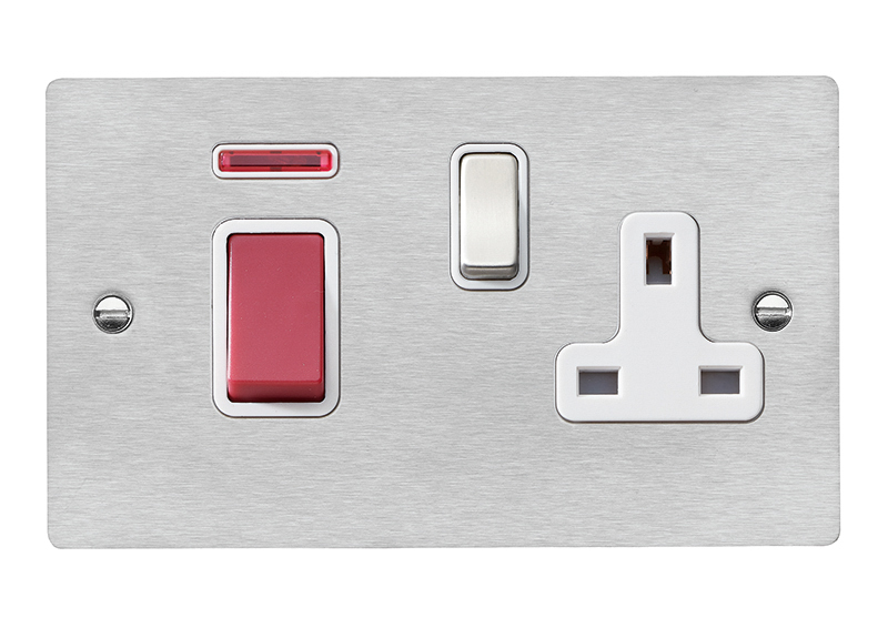 Sheer Satin Steel 45A Double Pole Rocker + Neon + 13A Switched Socket Red+Satin Steel/White