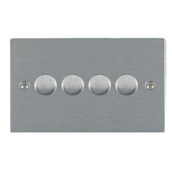 Sheer Satin Steel 4 gang 250W LED 2 Way Push On/Off Rotary Dimmer Satin Steel Minimum Load = 5W(LED) Maximum Load = 250W(LED) Trailing Edge / 150W(LED) Leading Edge per gang
