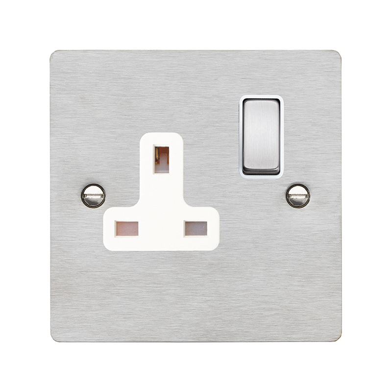Sheer Satin Steel 1 gang 13A Double Pole Switched Socket Satin Steel/White
