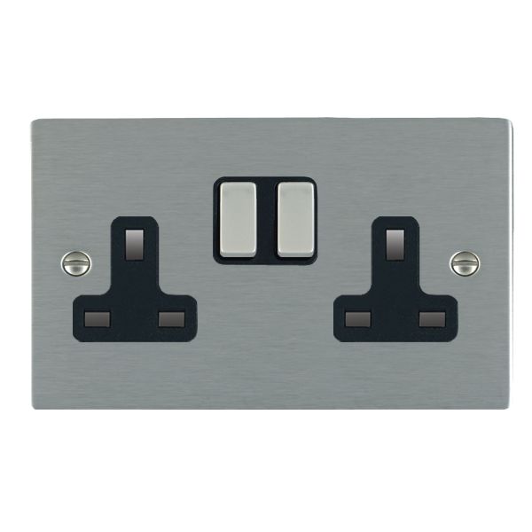Sheer Satin Steel 2 gang 13A Double Pole Switched Socket Satin Steel/Black