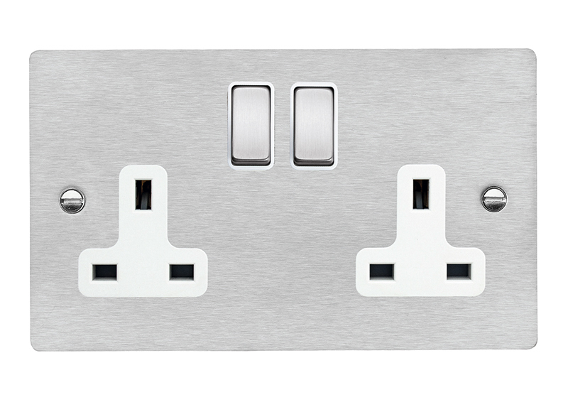 Sheer Satin Steel 2 gang 13A Double Pole Switched Socket Satin Steel/White