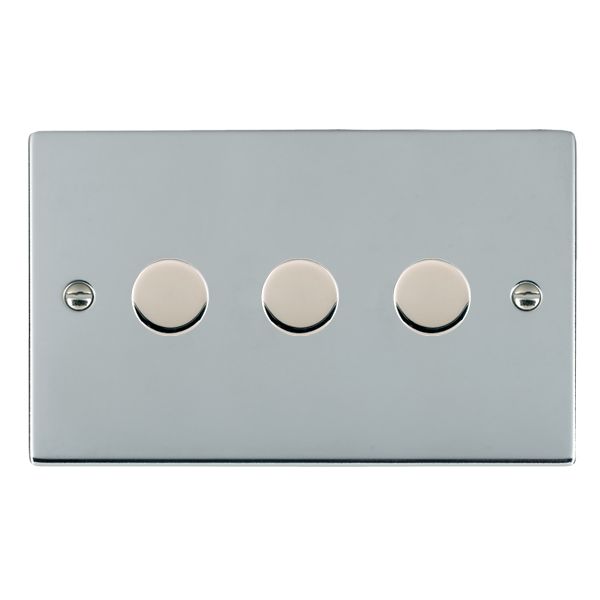 Sheer Bright Chrome 3 gang 250W LED 2 Way Push On/Off Rotary Dimmer Bright Chrome Minimum Load = 5W(LED) Maximum Load = 250W(LED) Trailing Edge / 150W(LED) Leading Edge per gang