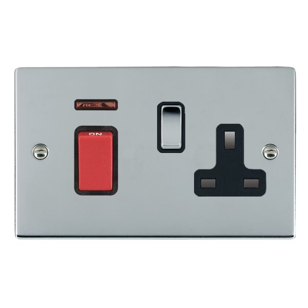 Sheer Bright Chrome 45A Double Pole Rocker + Neon + 13A Switched Socket Red+Bright Chrome/Black