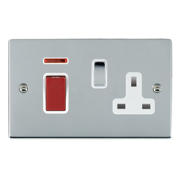 Sheer Bright Chrome 45A Double Pole Rocker + Neon + 13A Switched Socket Red+Bright Chrome/White