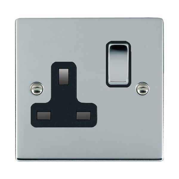 Sheer Bright Chrome 1 gang 13A Double Pole Switched Socket Bright Chrome/Black