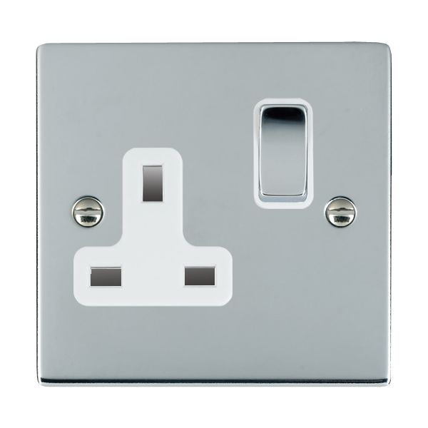 Sheer Bright Chrome 1 gang 13A Double Pole Switched Socket Bright Chrome/White