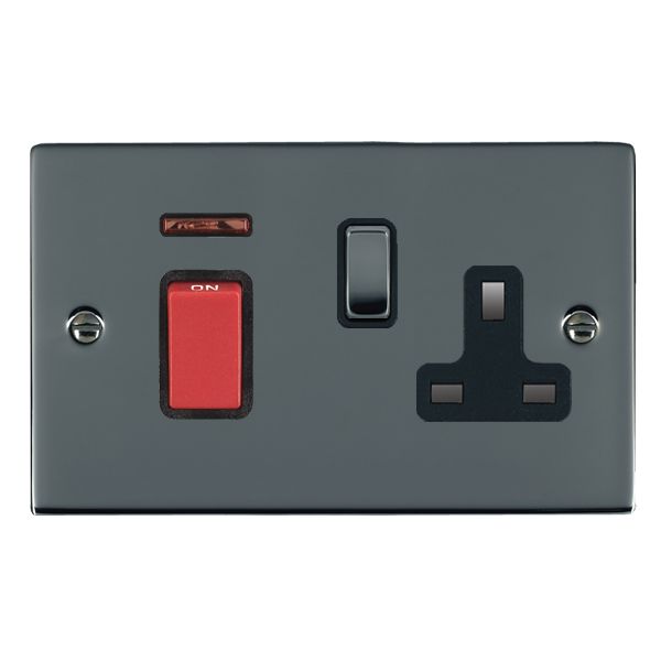 Sheer Black Nickel 45A Double Pole Rocker + Neon + 13A Switched Socket Red+Black Nickel/Black