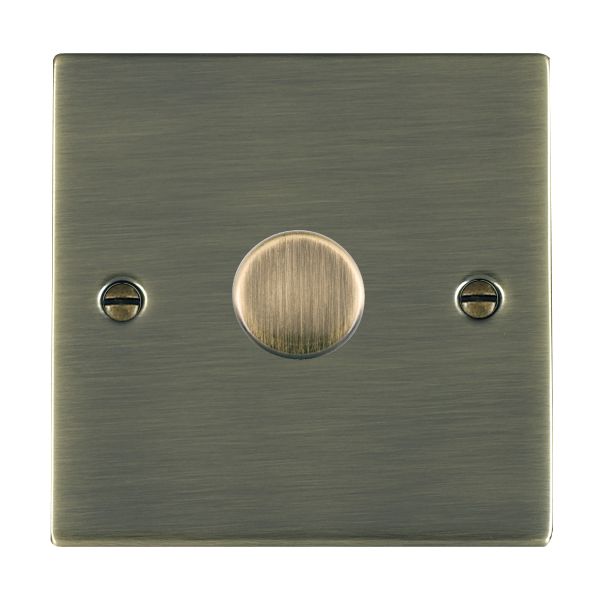 Sheer Antique Brass 1 gang 250W LED 2 Way Push On/Off Rotary Dimmer Antique Brass Minimum Load = 5W(LED) Maximum Load = 250W(LED) Trailing Edge / 150W(LED) Leading Edge