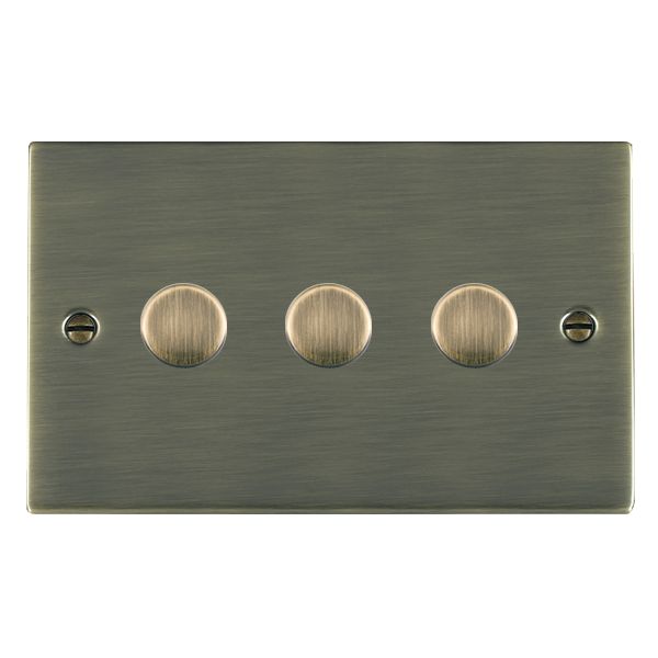 Sheer Antique Brass 3 gang 250W LED 2 Way Push On/Off Rotary Dimmer Antique Brass Minimum Load = 5W(LED) Maximum Load = 250W(LED) Trailing Edge / 150W(LED) Leading Edge per gang