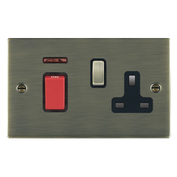 Sheer Antique Brass 45A Double Pole Rocker + Neon + 13A Switched Socket Red+Antique Brass/Black