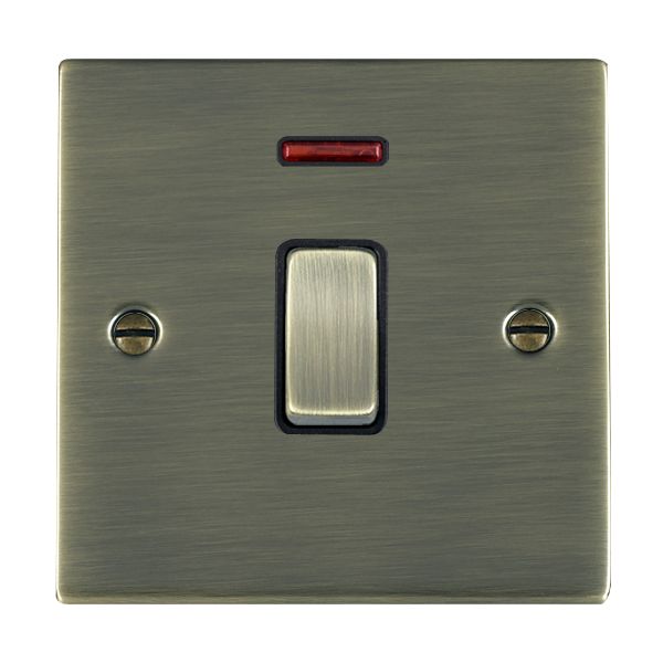 Sheer Antique Brass 1 gang 20AX Double Pole Rocker and Neon Antique Brass/Black