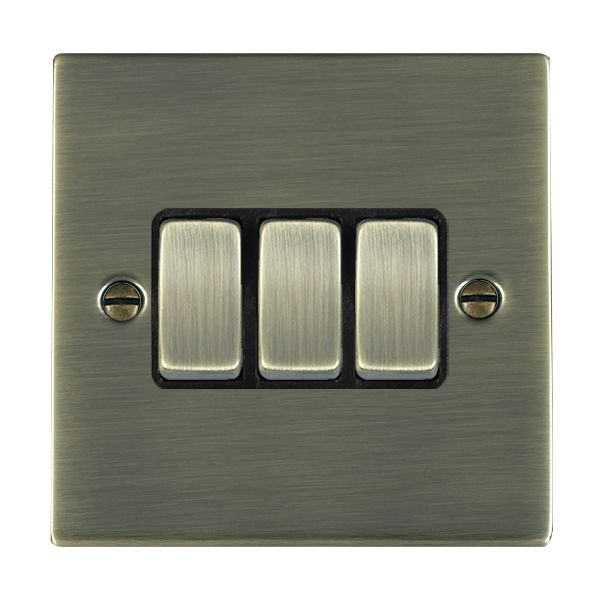 Sheer Antique Brass 3 gang 10AX 2 Way Rocker Antique Brass/Black