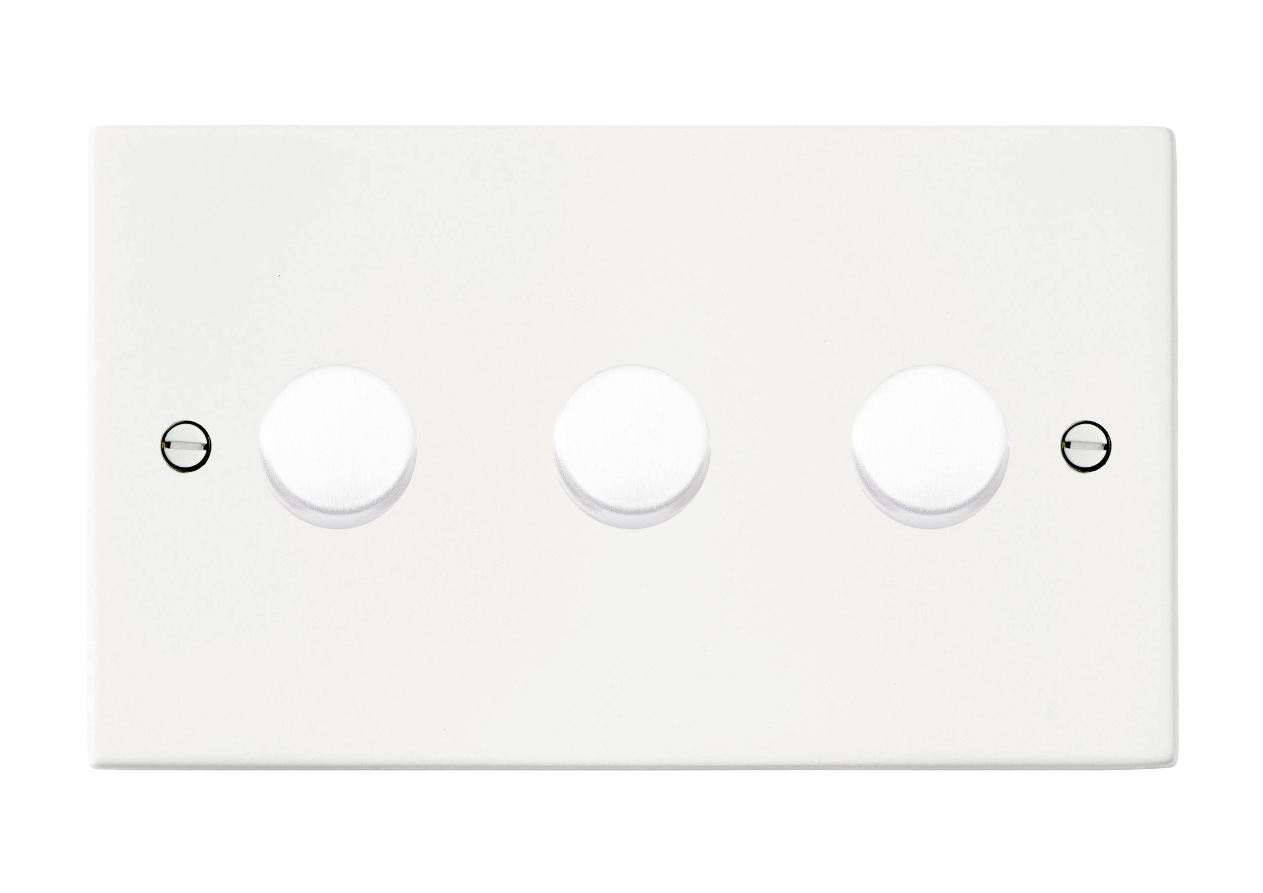 Sheer Matt White 3 gang 250W LED 2 Way Push On/Off Rotary Dimmer Matt White Minimum Load = 5W(LED) Maximum Load = 250W(LED) Trailing Edge / 150W(LED) Leading Edge per gang