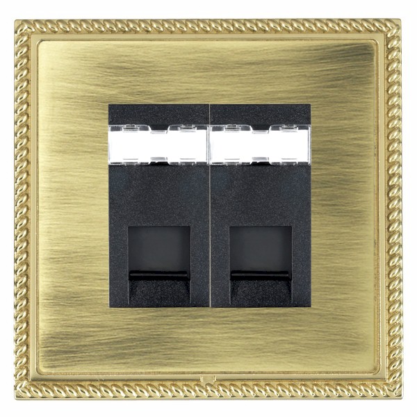 Linea-Georgian CFX Polished Brass Frame/Antique Brass Front 2 gang RJ45 CAT 5E Outlet – Unshielded Black