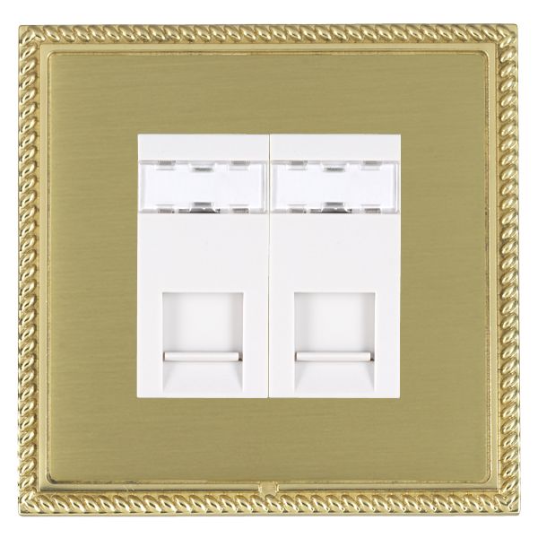 Linea-Georgian CFX Polished Brass Frame/Satin Brass Front 2 gang RJ45 CAT 5E Outlet – Unshielded White