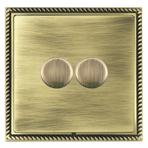 Linea-Georgian CFX Antique Brass Frame/Antique Brass Front 2 gang 100W LED 2 Way Push On/Off Rotary Dimmer Antique Brass
