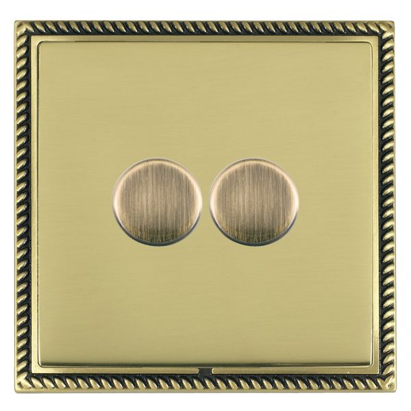 Linea-Georgian CFX Antique Brass Frame/Polished Brass Front 2 gang 100W LED 2 Way Push On/Off Rotary Dimmer Antique Brass