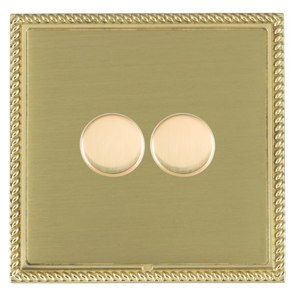 Linea-Georgian CFX Polished Brass Frame/Satin Brass Front 2 gang 100W LED 2 Way Push On/Off Rotary Dimmer Polished Brass