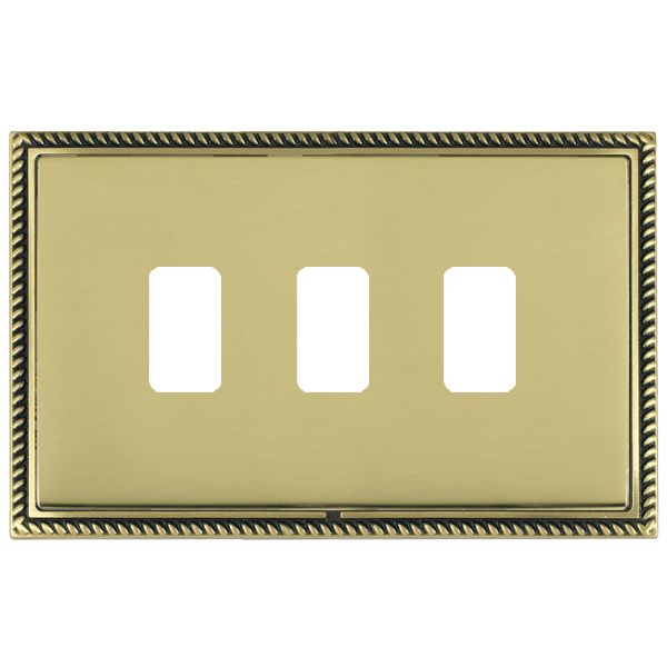 Linea-Georgian CFX Grid-IT Antique Brass Frame/Polished Brass Front 3 Gang Grid Fix Aperture Plate with Grid