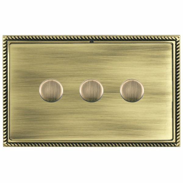 Linea-Georgian CFX Antique Brass Frame/Antique Brass Front 3 gang 100W LED 2 Way Push On/Off Rotary Dimmer Antique Brass