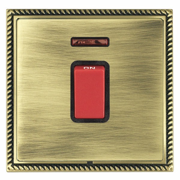 Linea-Georgian CFX Antique Brass Frame/Antique Brass Front 1 gang 45A Double Pole Rocker and Neon Red/Black