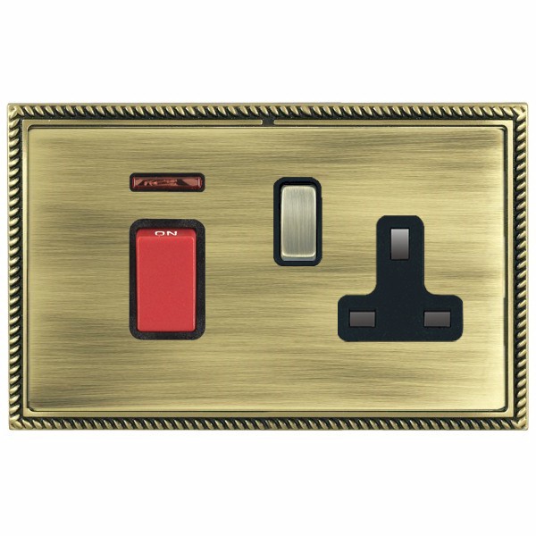 Linea-Georgian CFX Antique Brass Frame/Antique Brass Front 45A Double Pole Rocker + Neon + 13A Switched Socket Red+Antique Brass/Black