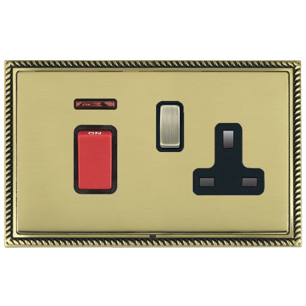 Linea-Georgian CFX Antique Brass Frame/Polished Brass Front 45A Double Pole Rocker + Neon + 13A Switched Socket Red+Antique Brass/Black