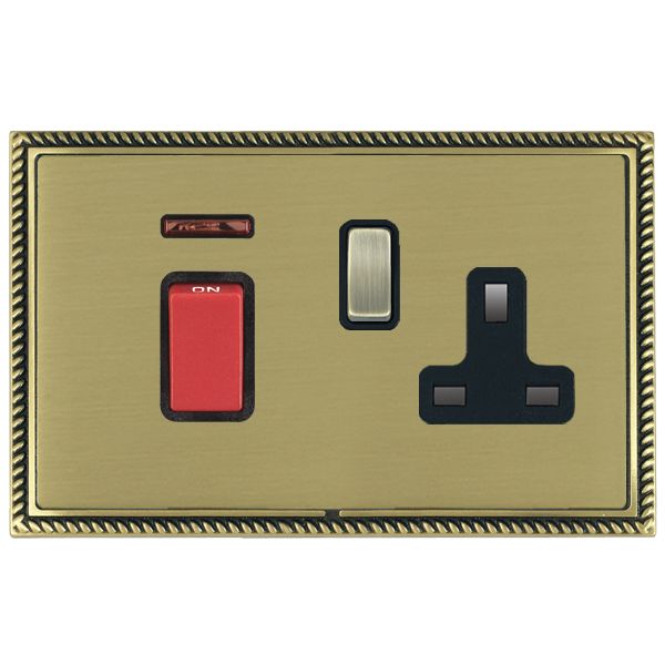 Linea-Georgian CFX Antique Brass Frame/Satin Brass Front 45A Double Pole Rocker + Neon + 13A Switched Socket Red+Antique Brass/Black