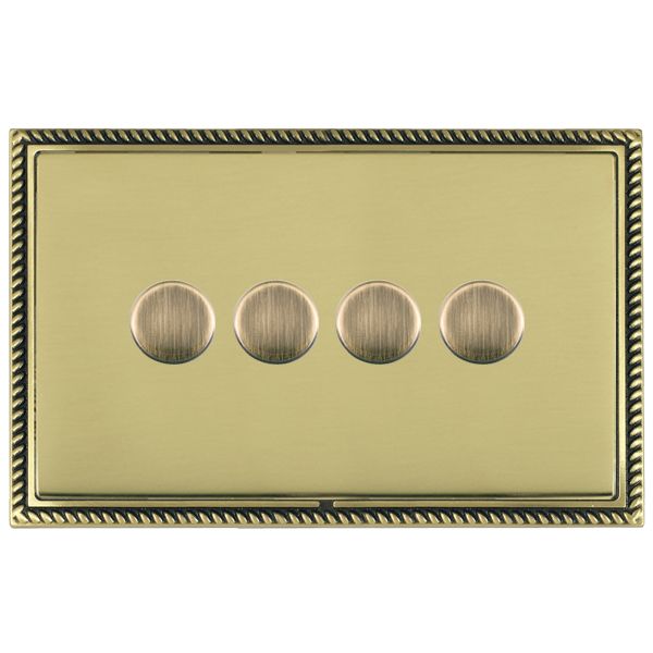 Linea-Georgian CFX Antique Brass Frame/Polished Brass Front 4 gang 100W LED 2 Way Push On/Off Rotary Dimmer Antique Brass