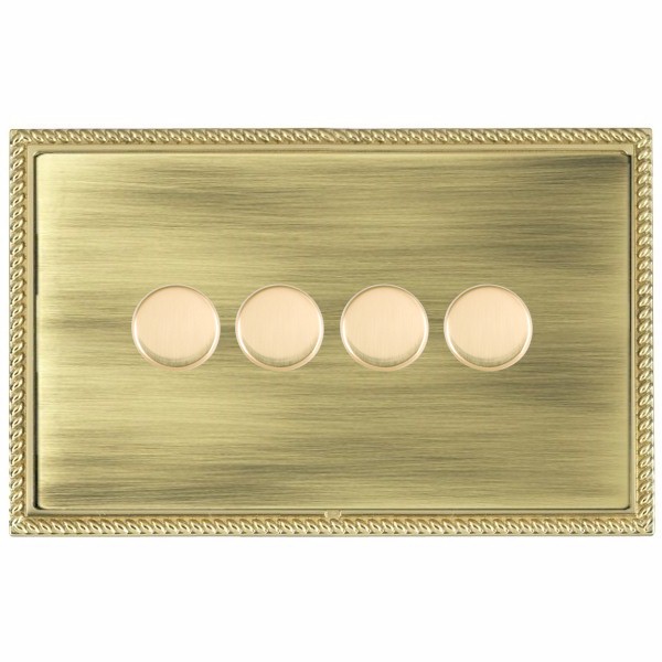 Linea-Georgian CFX Polished Brass Frame/Antique Brass Front 4 gang 100W LED 2 Way Push On/Off Rotary Dimmer Polished Brass
