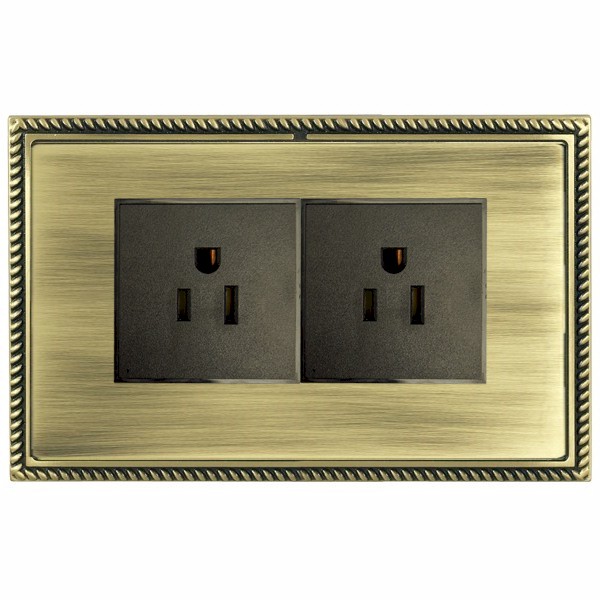 Linea-Georgian CFX Antique Brass Frame/Antique Brass Front 2 gang 15A 110V AC American Unswitched Socket Black
