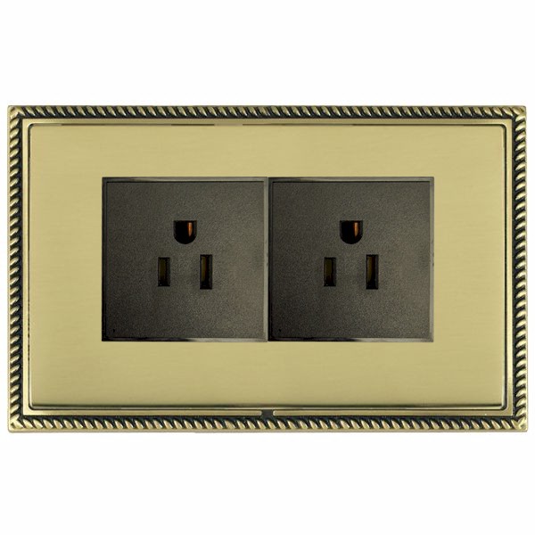 Linea-Georgian CFX Antique Brass Frame/Polished Brass Front 2 gang 15A 110V AC American Unswitched Socket Black