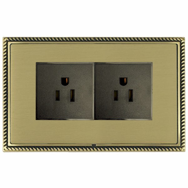 Linea-Georgian CFX Antique Brass Frame/Satin Brass Front 2 gang 15A 110V AC American Unswitched Socket Black