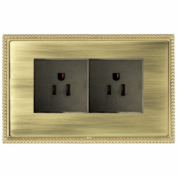 Linea-Georgian CFX Polished Brass Frame/Antique Brass Front 2 gang 15A 110V AC American Unswitched Socket Black