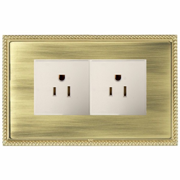 Linea-Georgian CFX Polished Brass Frame/Antique Brass Front 2 gang 15A 110V AC American Unswitched Socket White