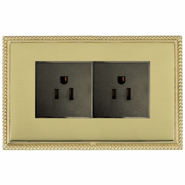 Linea-Georgian CFX Polished Brass Frame/Polished Brass Front 2 gang 15A 110V AC American Unswitched Socket Black
