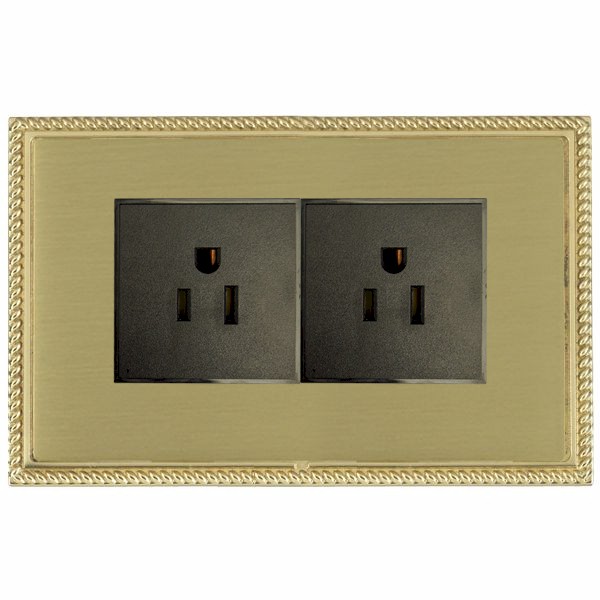 Linea-Georgian CFX Polished Brass Frame/Satin Brass Front 2 gang 15A 110V AC American Unswitched Socket Black