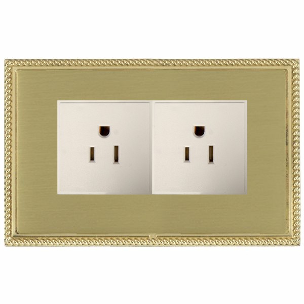 Linea-Georgian CFX Polished Brass Frame/Satin Brass Front 2 gang 15A 110V AC American Unswitched Socket White