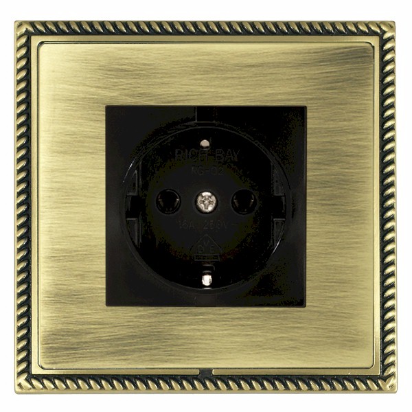 Linea-Georgian CFX Antique Brass Frame/Antique Brass Front 1 gang 10/16A 220/250V AC German Unswitched Socket Black